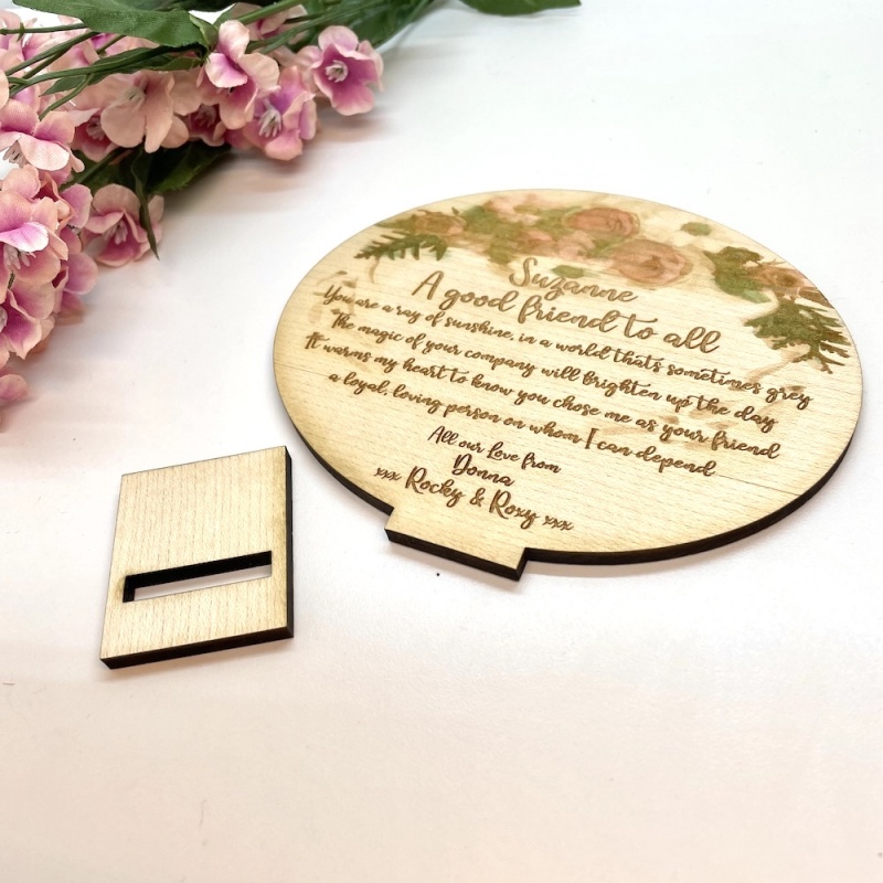 Wooden Plaque for Celebrations Friends Plaque Keepsake in Solid Maple Wood with Stand Personalised with your own words